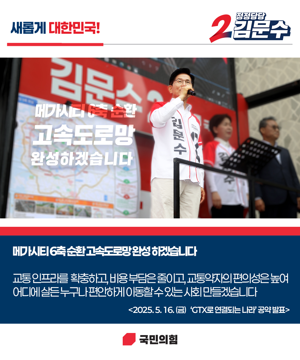 [새롭게 대한민국! 정정당당 김문수] 메가시티 6축순환 고속도로망 완성하겠습니다